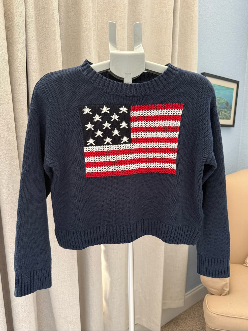 Old Navy Girls’ Preppy Classic American Flag Crewneck Cropped Sweater XL